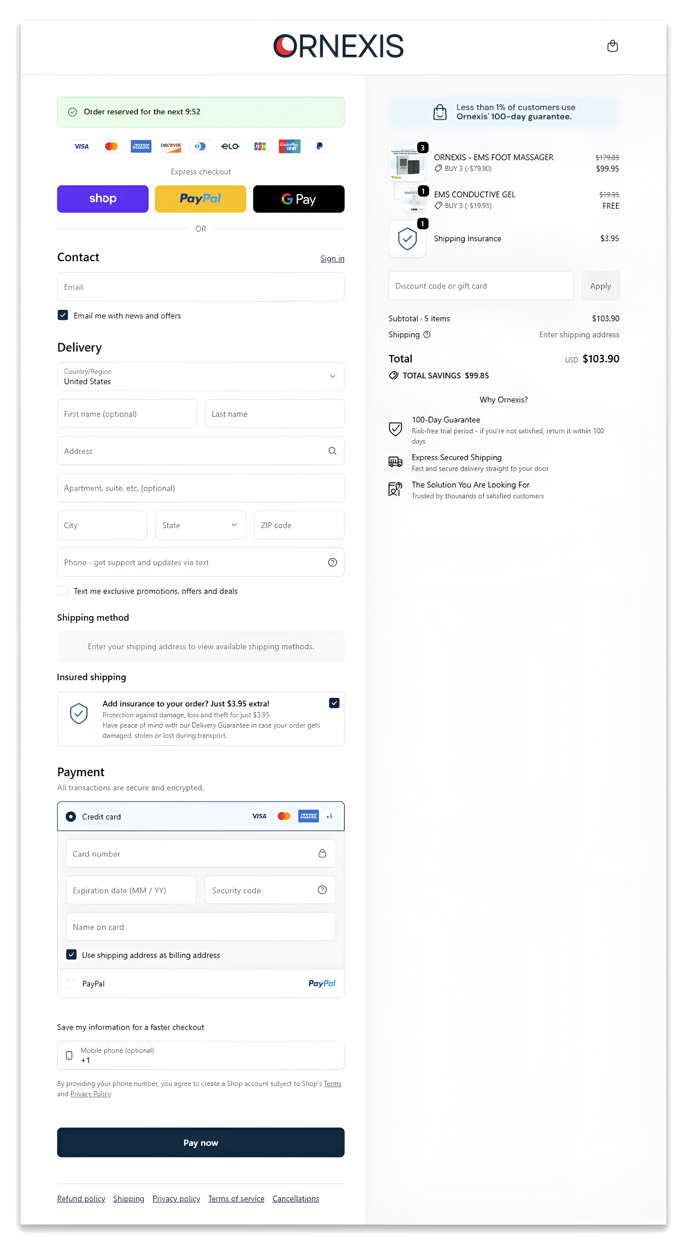 ornexis ems foot massager checkout page